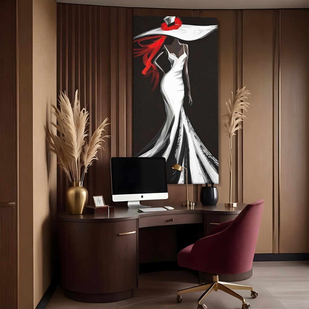 Tablou canvas cu tablou canvas cu silueta de femeie in rochie alba, fara rama, pe sasiu de lemn, pe perete intr-un birou